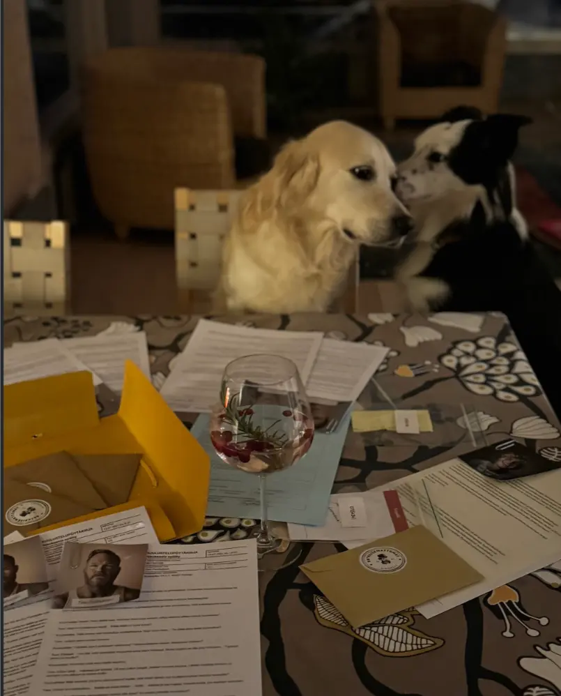 Kaksi koiraa analysoi murhamysteeri pelin aineistoja